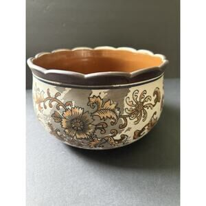 Vintage Stoneware Pottery Ruffle Bowl Brown Beige Glazed Scalloped Handcrafted